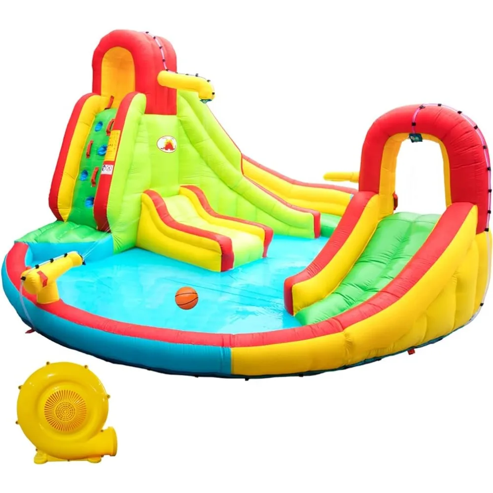 

Inflatable Water Park with Blower Dual Water Slide, Climbing Wall, Water Gun, Splash Pool, Lounge, Basketball Hoop and Big Slide