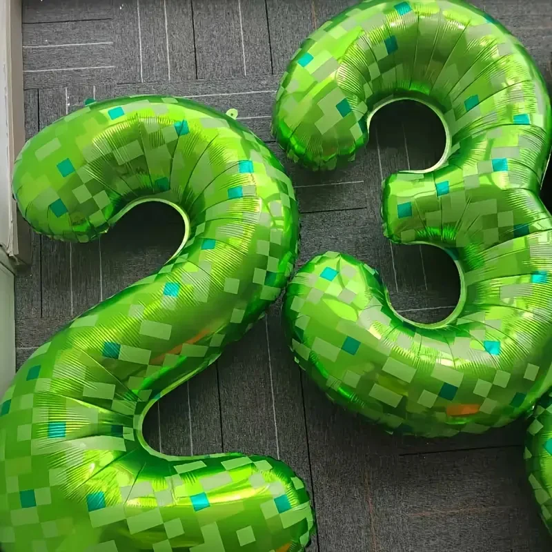 Giant Green Pixel Grid Miner Themed Aluminum Foil Number Balloons