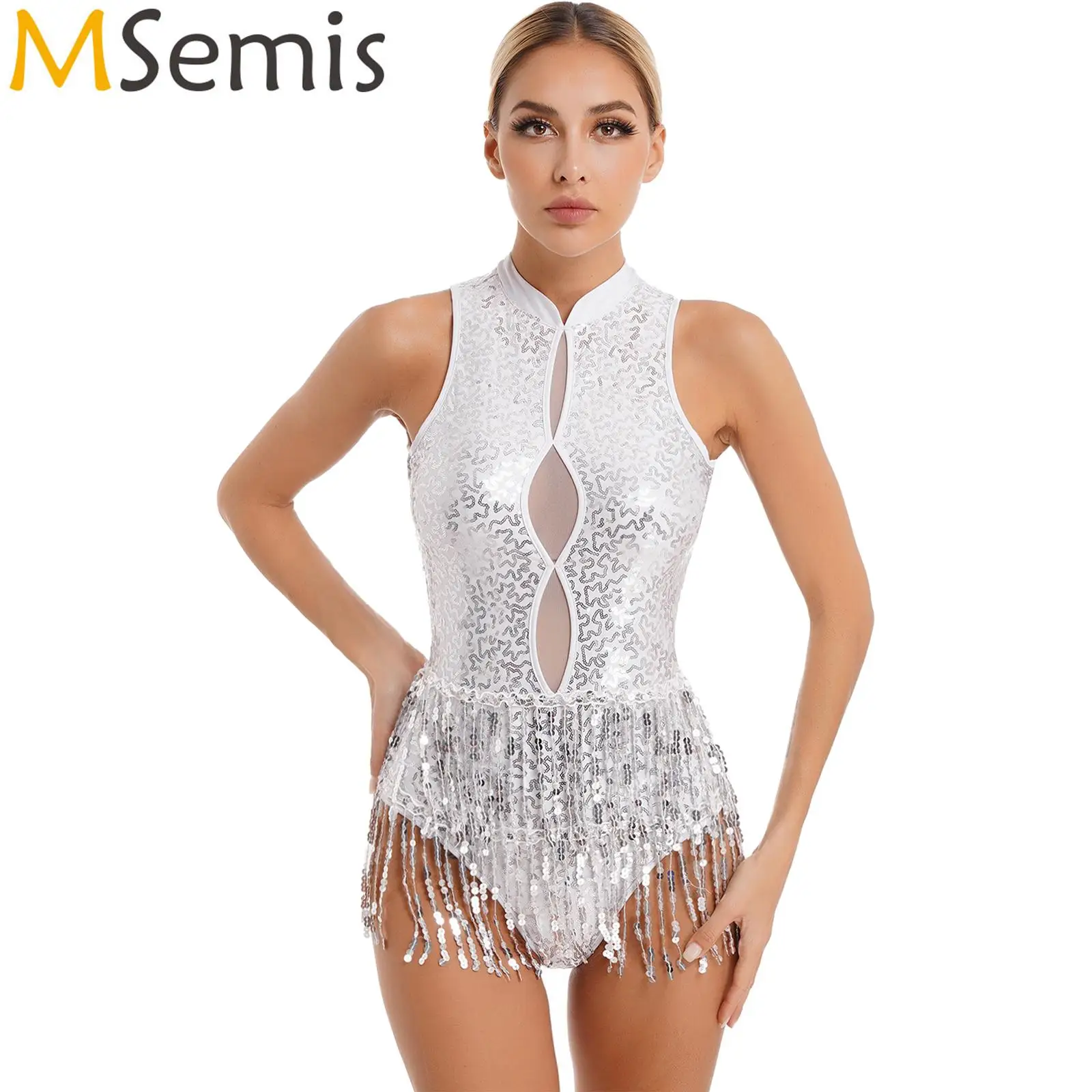 Womens Latin Dancewear Glitter Sequins Tassel Leotard Keyhole Sleeveless Backless Fringed Bodysuit Dance Performance Costume