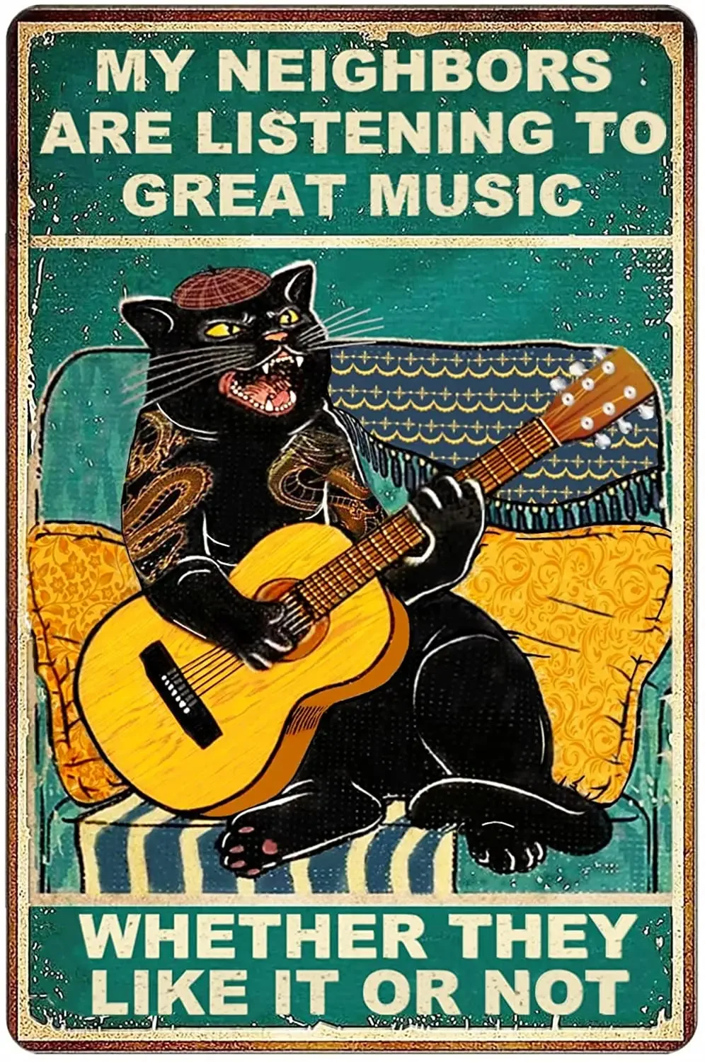 

Fmcmly Funny Cat Guitar Metal Signs Vintage Style Home Décor Accents Bar Cafe Garage Hotel Diner Gym Man Cave Wall Decor poster