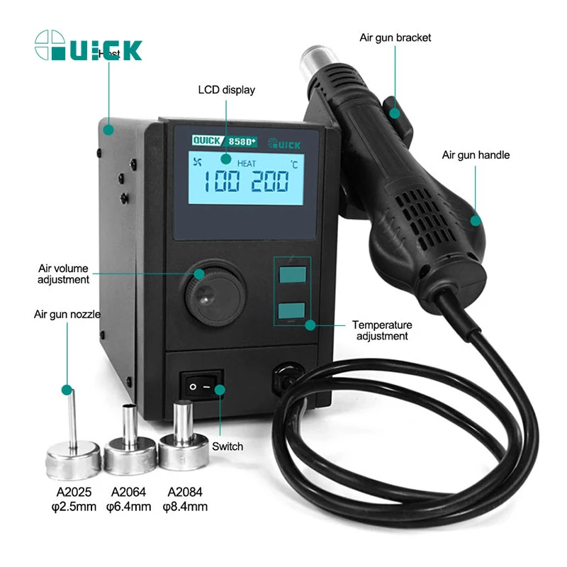 

Паяльная станция QUICK 858D + 110 В/220 В, 750 Вт, цифровой дисплей