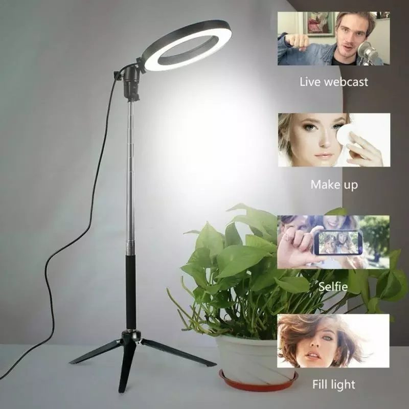 5 인 1 20cm LED 라이브 디밍 링 라이트 세트, 개폐식 사진 셀카 삼각대 범용 360 ° 회전 삼각대 클립