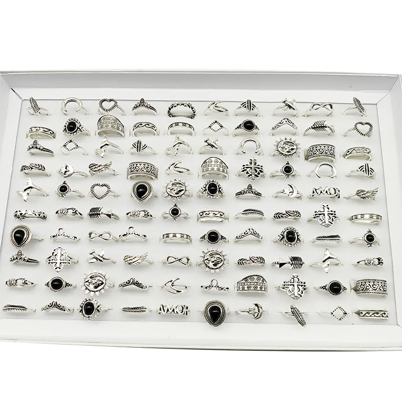 30pcs/Lot Wholesale Antique Silver Color Finger Rings For Women New Black Acrylic Stone Crown Water Drop Angel Wing Jewelry Girl