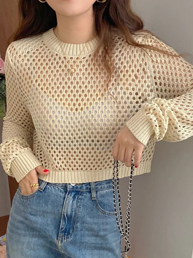 

Women Sweaters Autumn Korean Chic Retro Casual Elegant Solid Color Hollow Loose Long-Sleeved Pullovers Top Summer 2022 New