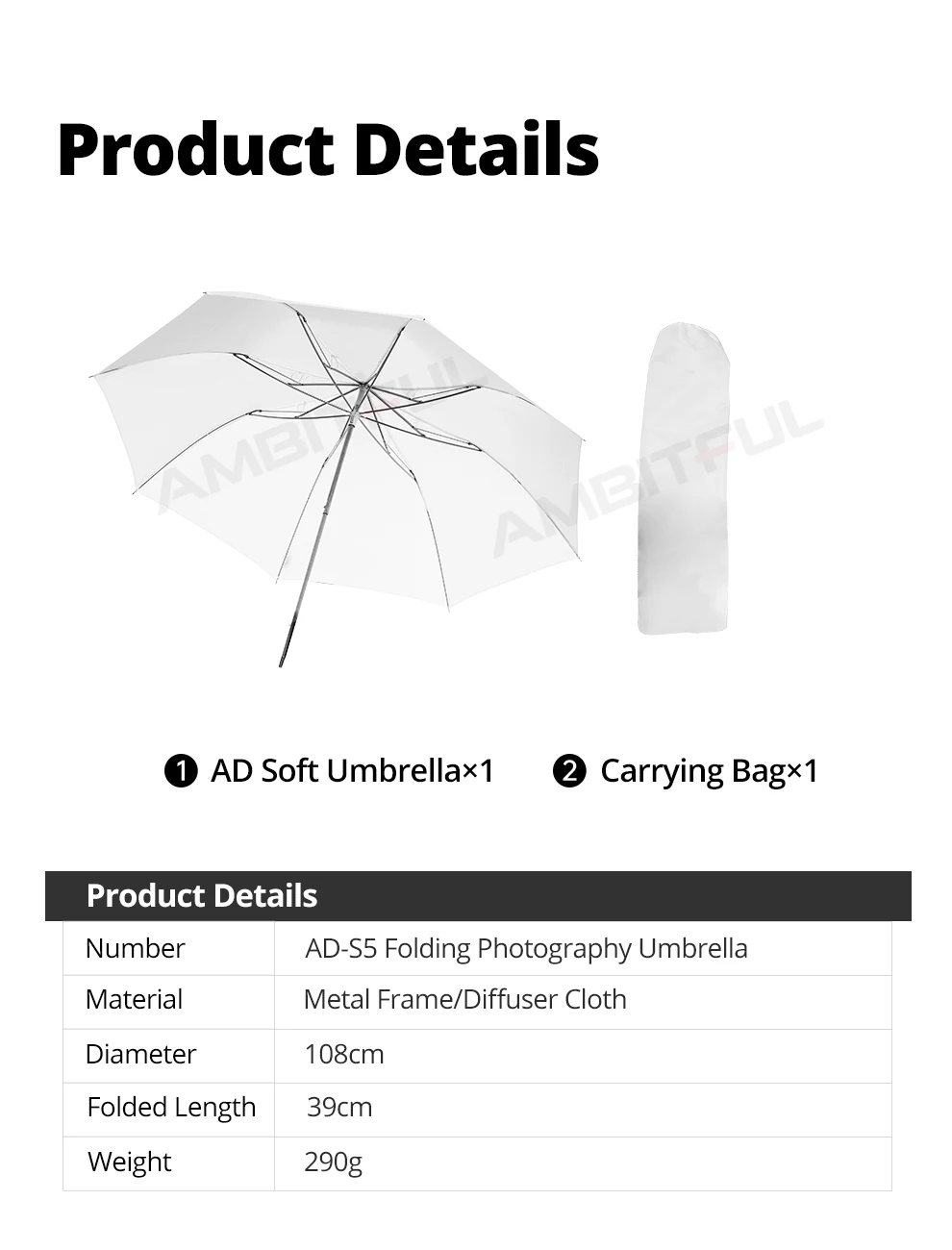 Godox AD-S5 White Folding Soft Reflector Umbrella ( 37" 94cm ) For Godox Witstro