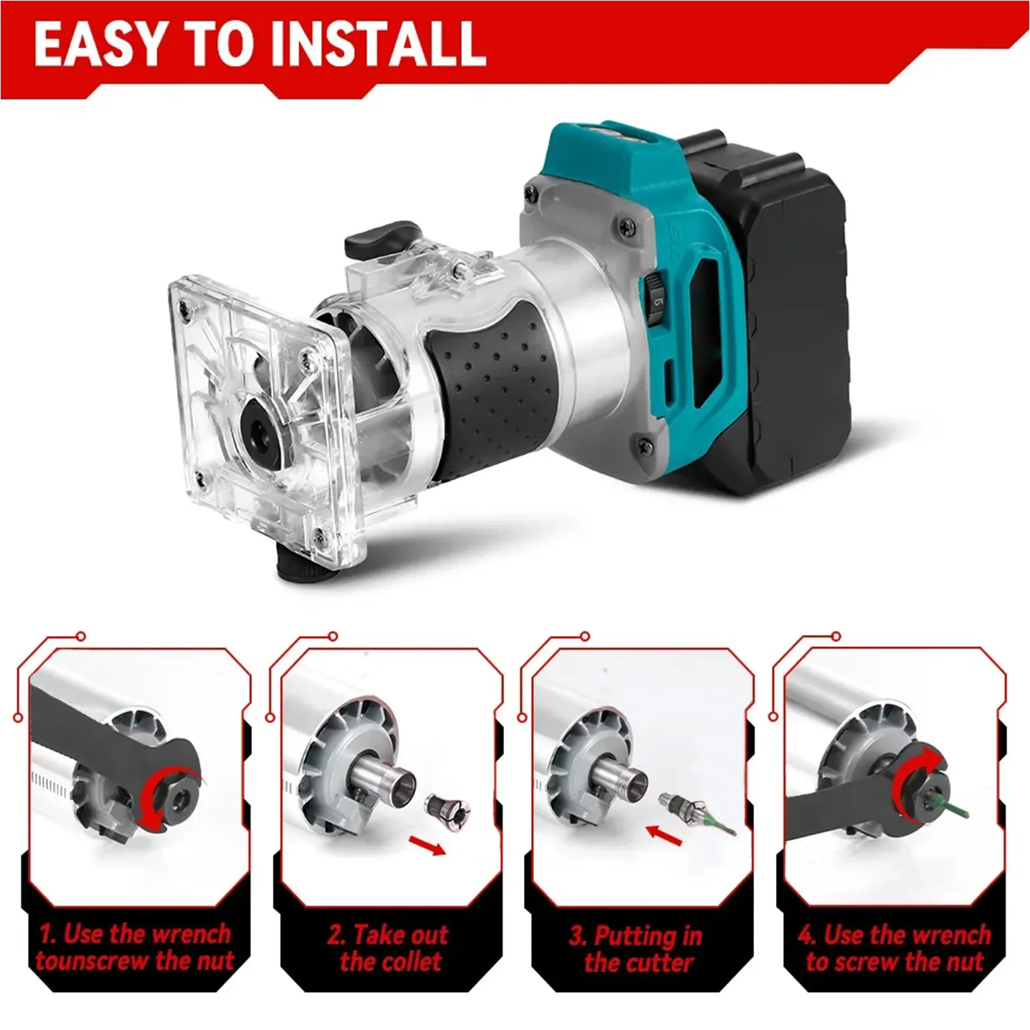 30000PRM Brushless Woodworking Electric Trimmer Cordless Trimming Machine Wood Slotting Milling Carving for Makita 18V Battery 6