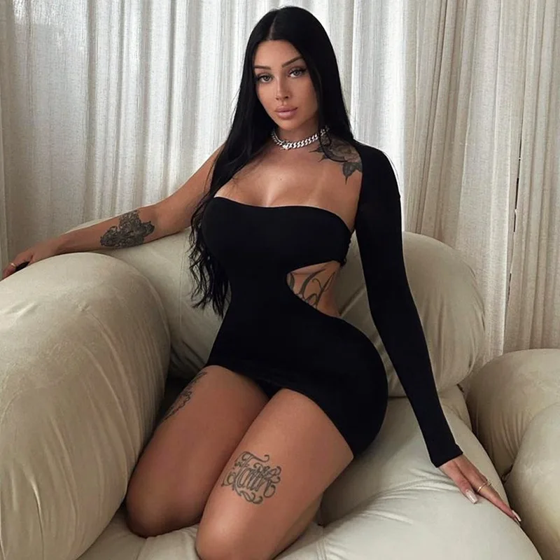 

Irregular Hollow Out One Shoulder Full Sleeve Bodycon Mini Dress Women Sexy Solid Strapless Backless Slim Clubwear Party Outfits