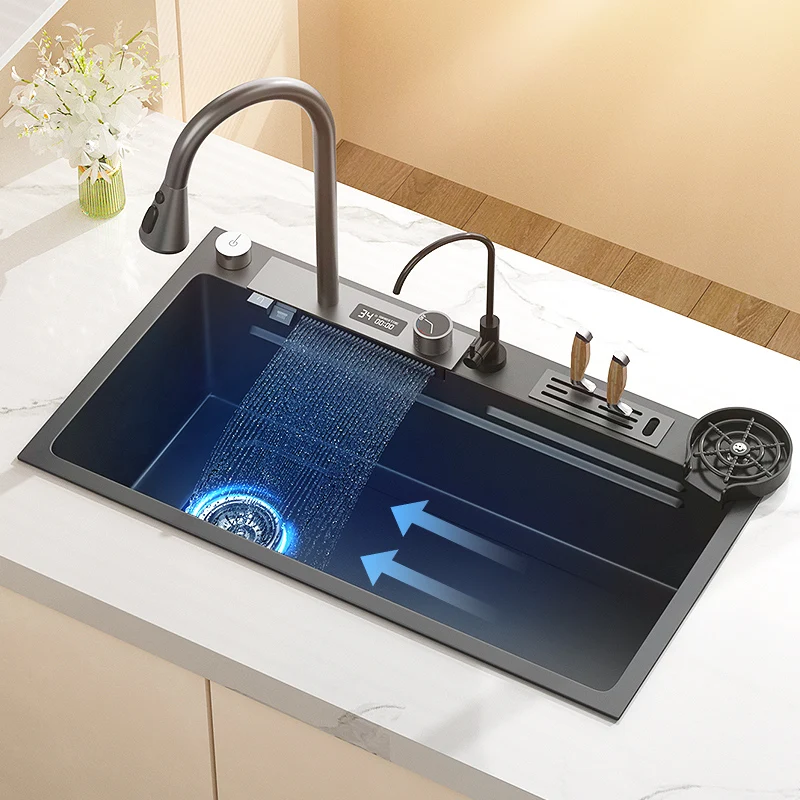 

Black Waterfall Sink Kitchen Stainless Steel Sink Large Single Slot Wash Basin With Multifunction Touch Waterfall Faucet