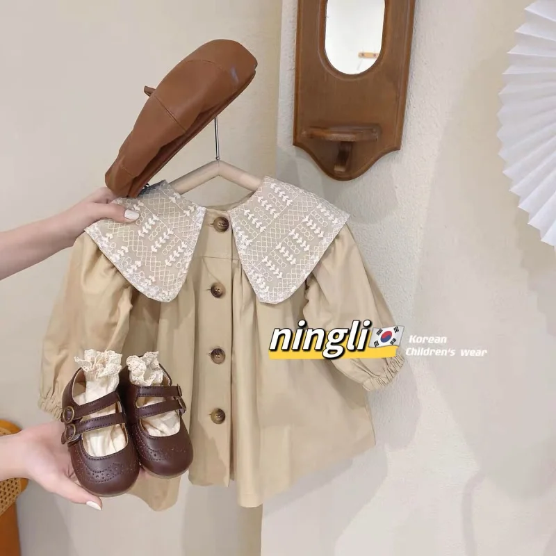 

Girls' Autumn and Winter Clothes Season New Mid-Length Coat Western Style Baby Girl British Style Large Lapel Apricot Windbreake