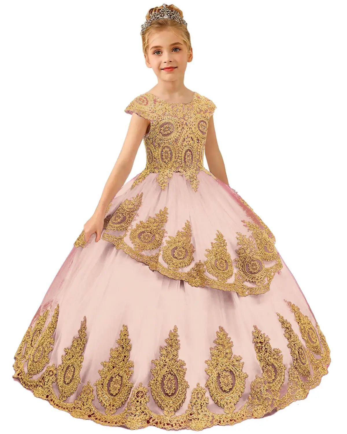 

Gold Beaded Appliques Flower Girl Dress For Wedding Lace Tiered Tulle Pageant First Communion Dress Toddler Kids Party Gown