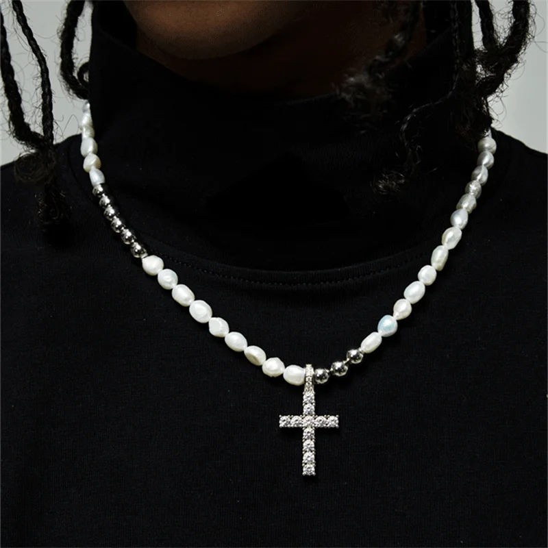 

DZM Baroque Pearl Cross Spliced Necklace with Male Zircon Collar Chain Hip Hop European and American Gemstone Inlay