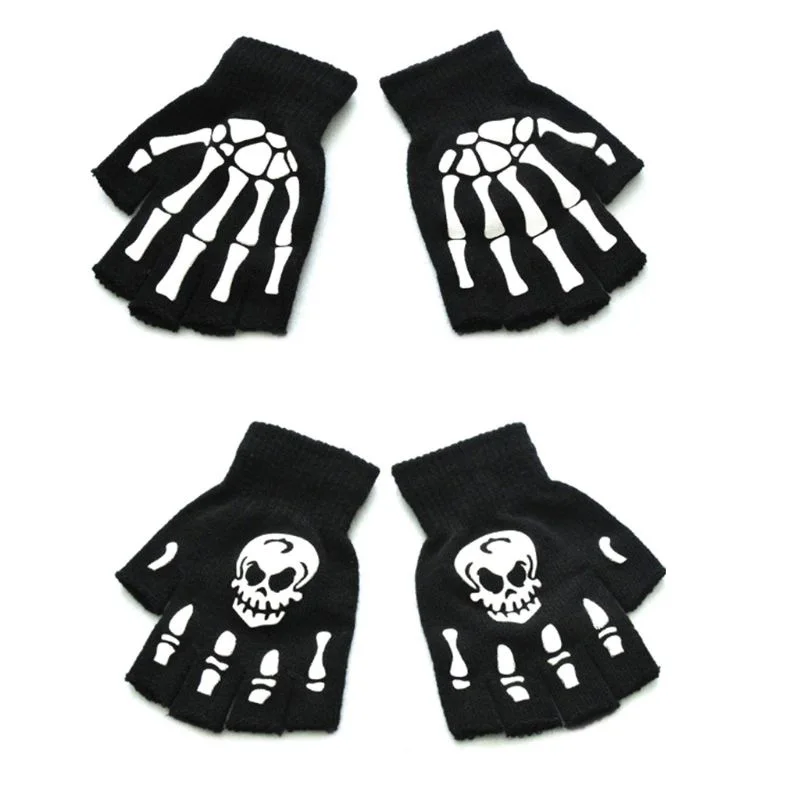 Glow Gloves Adult Kids Halloween Skeleton Skull Half Finger Luminous Gloves Winter Skull Fingerless Mitten Event Party Festive Cycling