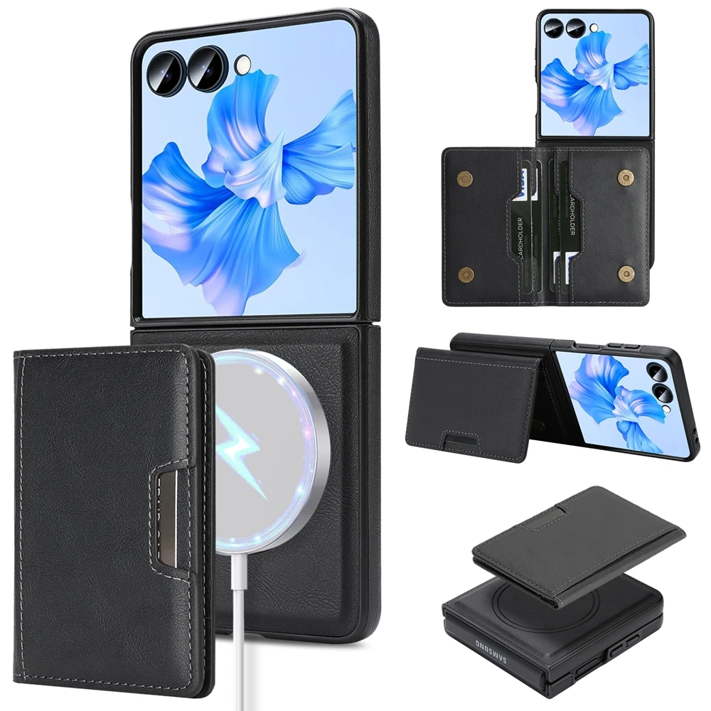 Magnetic Leather Phone Case with Card Holder & Kickstand, Wireless Charging Compatible