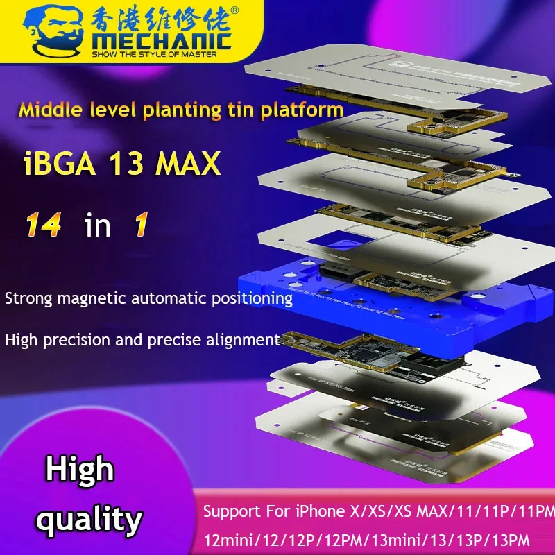 Mechanic Ibga 13 Max 14 In 1 Bga Reballing Stencil Platform For Iphone X-13 Pro Max Motherboard Middle Rework Tin Mesh Template