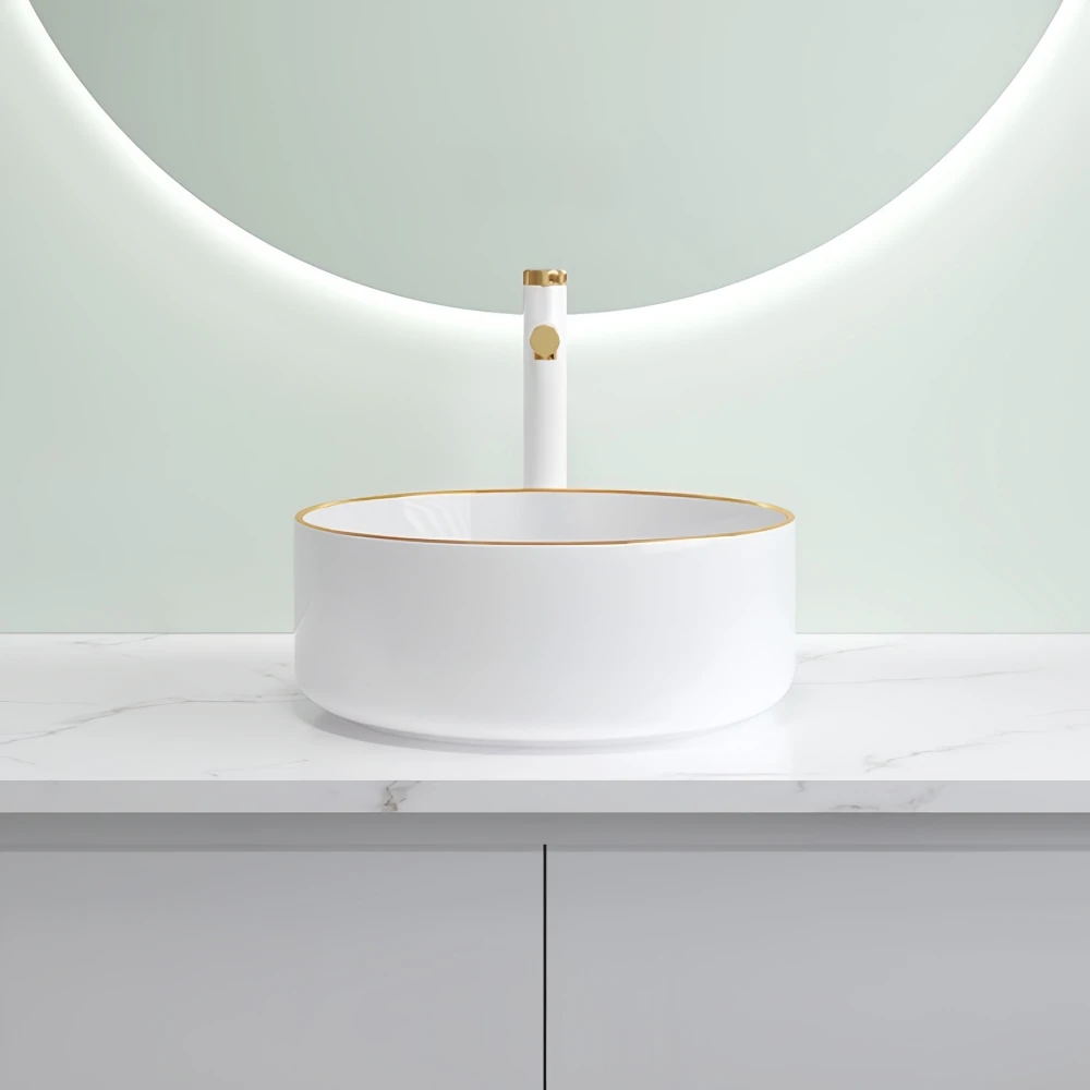 Marble patterned modern circular ceramic bathroom sink, freestanding washbasin, luxurious gold edged washbasin(excluding faucet) 4