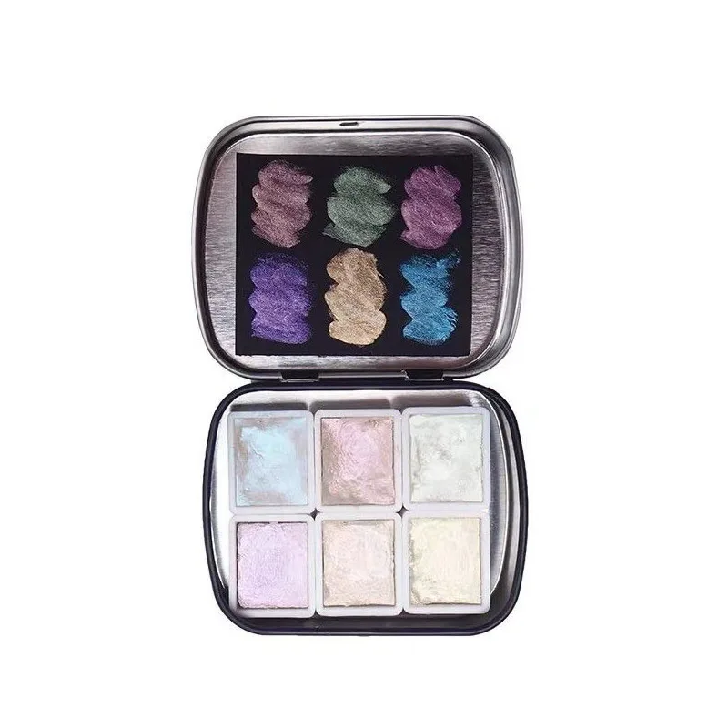POEZIE 6 Colors Solid Metallic Watercolor Paint Set 2ml Glitter Water Color With Tin Box For Painting Aquarela Art Supplies