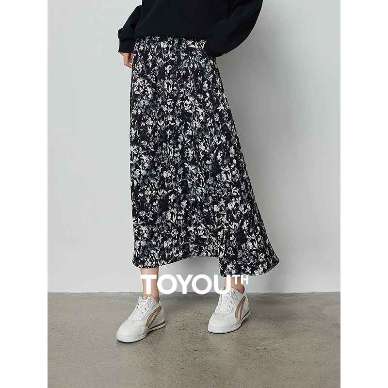TOYOUTH Women Skirt Summer High Elastic Waist A-shaped Oil Floral Print Fashion Elegant Daily Holiday Mid-length Skirt