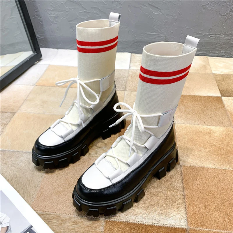 

8cm Ankle Short Boots Women 2022 Ladies Stretch Fabric Socks Booties Female Fashion Cross-tied Female Shoes Platform Boots Gothi