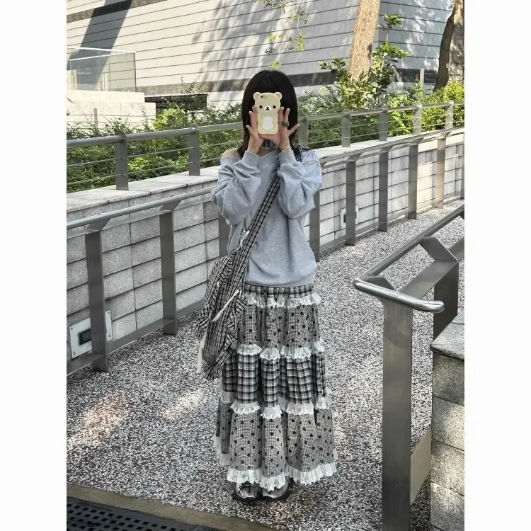 Plaid Wave Point Skirts Women Lace Patchwork Ruffles A-line Skirt for Women Harajuku All-match Falda Elegant Retro Sexy Mujer