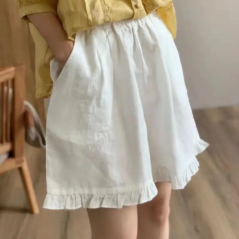 Minimalist Commute 2024 Summer Shorts Women Solid Pockets Ruched Breathable Quick Drying Loose Casual Cotton Hemp Wide Leg Pants