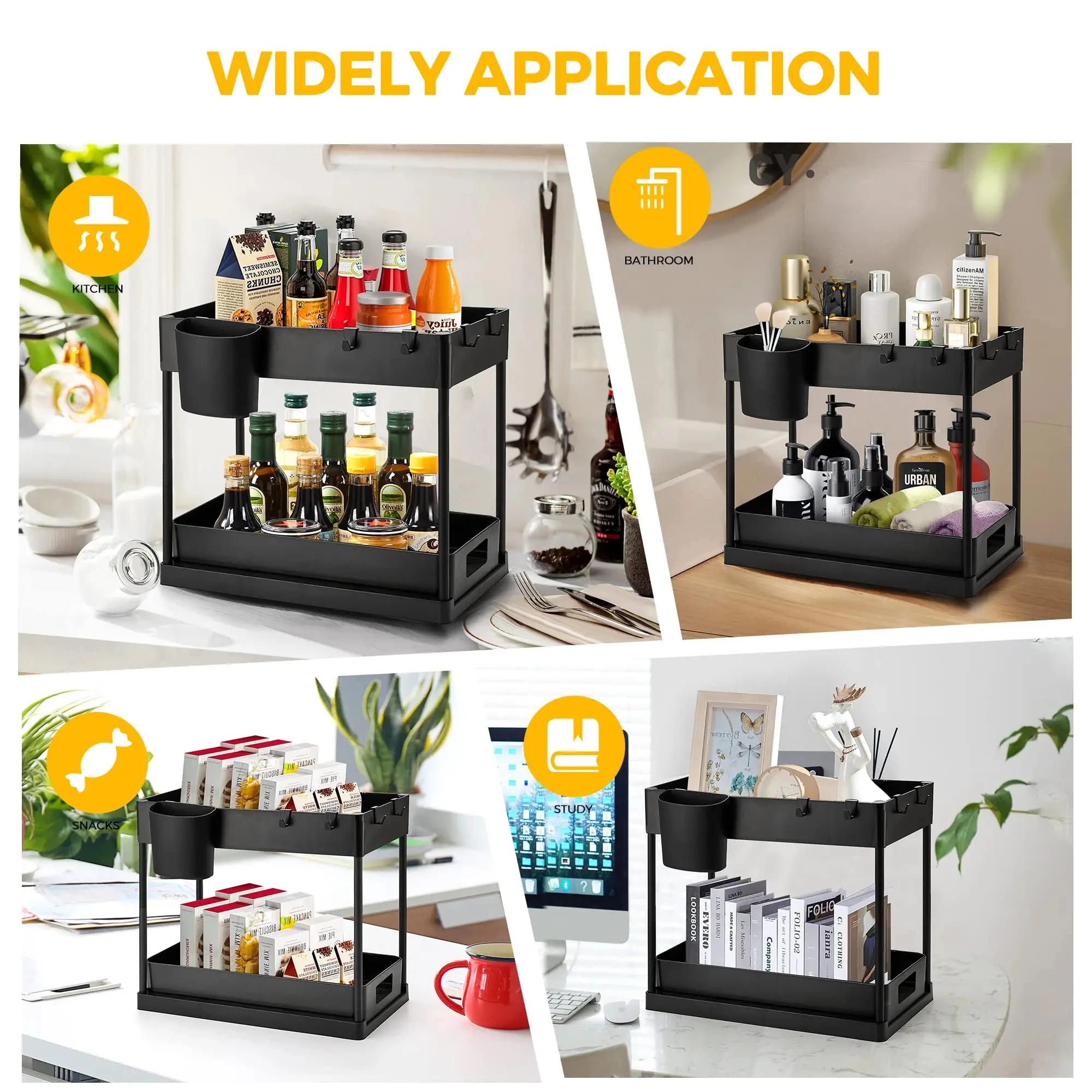 Kitchen Storage Rack Under Sink Organizer with Double Sliding Cabinet Drawers Multi-Purpose
