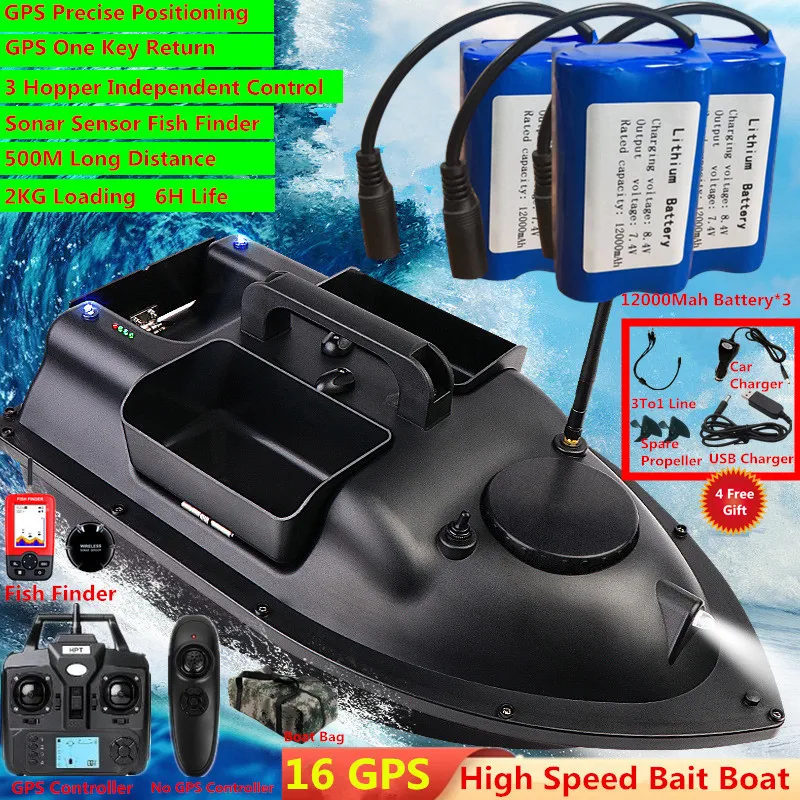 16 GPS Point Intelligent Return 3 Hopper RC Fishing Boat Bait 500M 6H LCD  Screen Fish Finder Remote Control GPS RC Bait Boat