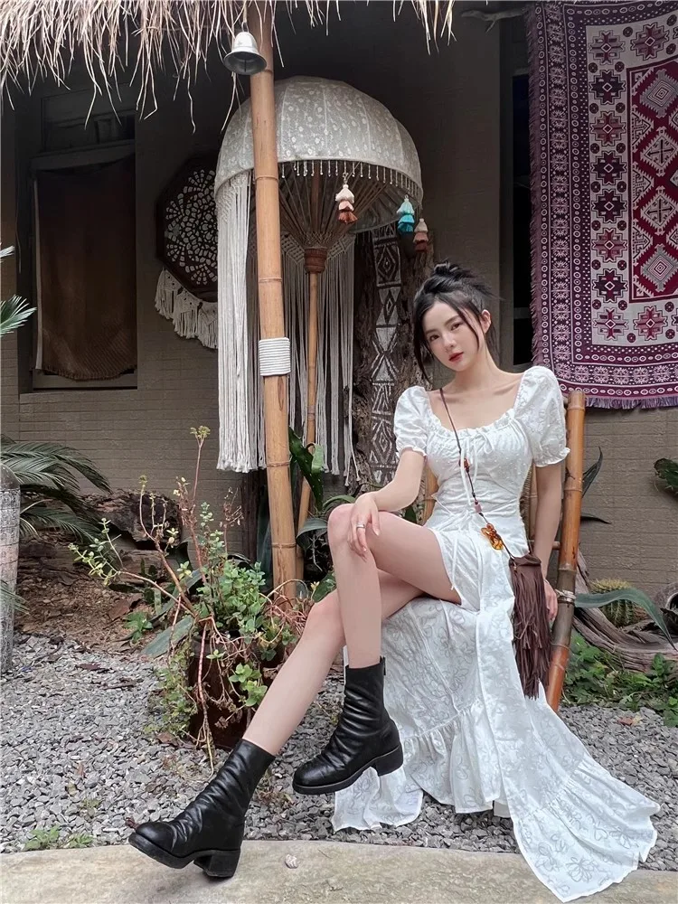 Y2K Long Dresses for Women Puff Sleeve Lace-up A-line Off Shoulder Club Party Dress Summer New Korean Chic One Piece Vestido