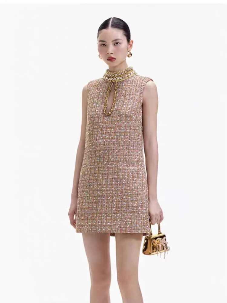 

2024 Spring and Summer Women Small Sexy Handmade Diamond Sleeveless Duffle Short Dress