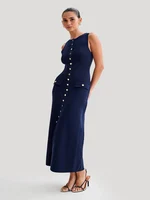 2024 Summer Elegant Lady Knitted Single Breasted Long Dresses Women Solid Sleeveless O Neck Button Bodycon Party Female Vestidos - Image 3