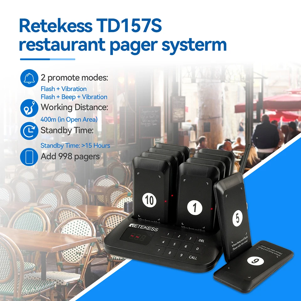 Retekess TD157S Drahtloses Anrufsystem Pager Restaurant Summer Beeper Glockenempfänger Untersetzer für Food Truck Cafe Bar Klinik – Detail 2