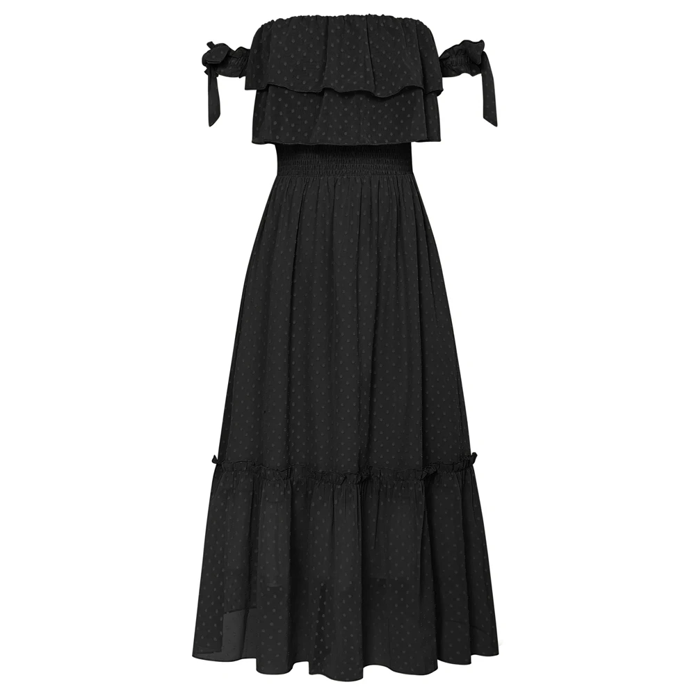 

​ GK Women Smocked Bodice Mid-Calf Dress Off Shoulder Tiered A-Line Dress