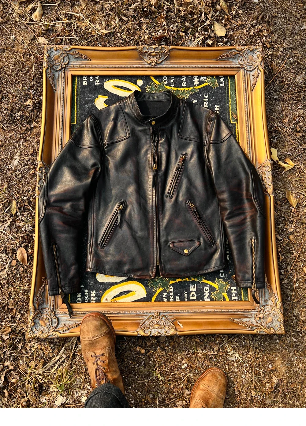 

Tailor Brando American Vintage Italian Heavy Washed Aged Calfskin Venom Classic Stand Collar Slim Biker Leather Jacket