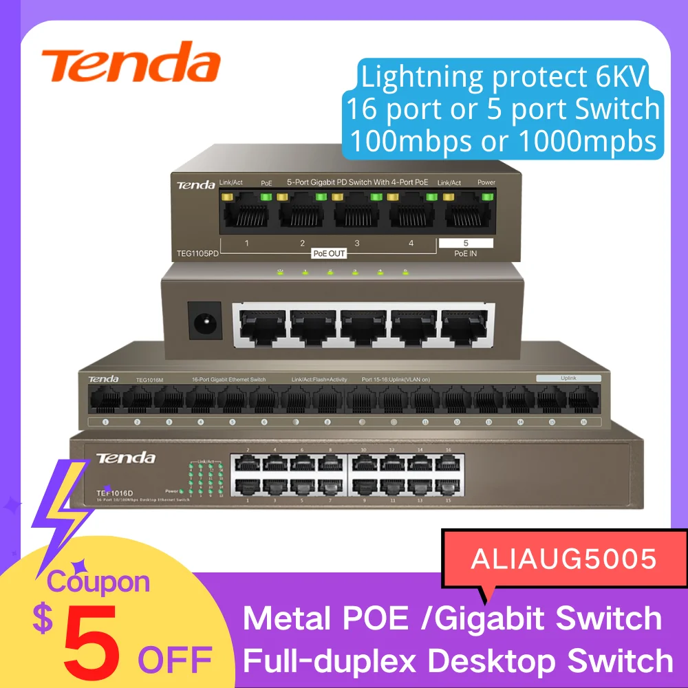 Tenda Gigabit Ethernet Switch TEG1016M 16-Port Desktop Metal Switch  full-duplex Ethernet Hub Network Switch For Home Office