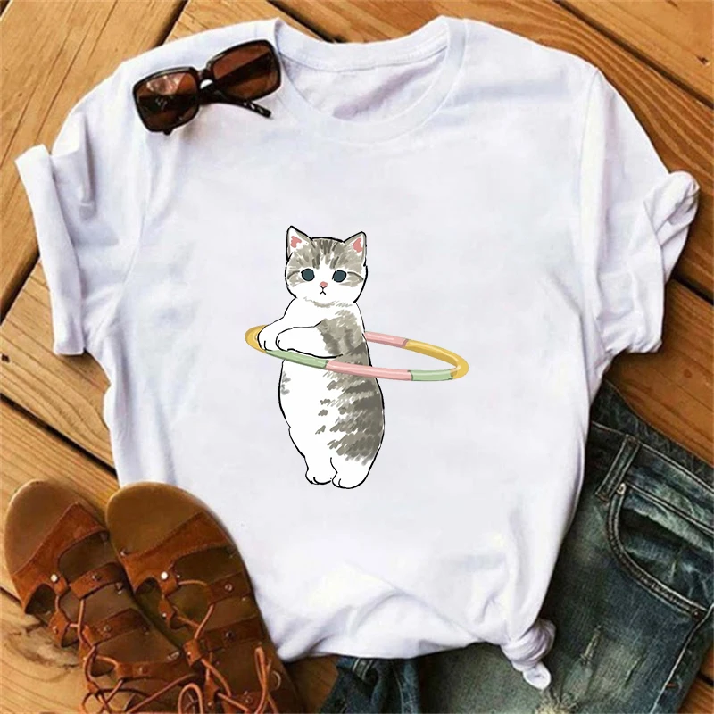 

Trend Kawaii Cat Woman Print Fun T-shirt Girl Animal Y2K Fashion 90's print top T-shirt Girl Bestie Black and white clothes