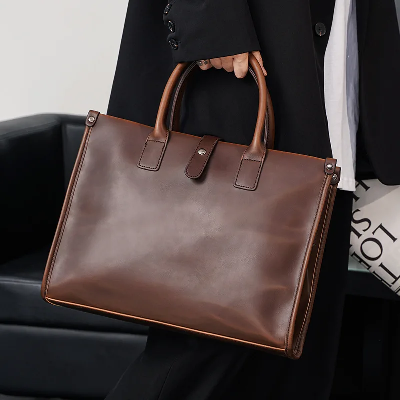 

PU Leather Briefcase Bag For Men Crazy Horse Executive Laptop Office Executive Handbag Tote Business Document Vintage Bag