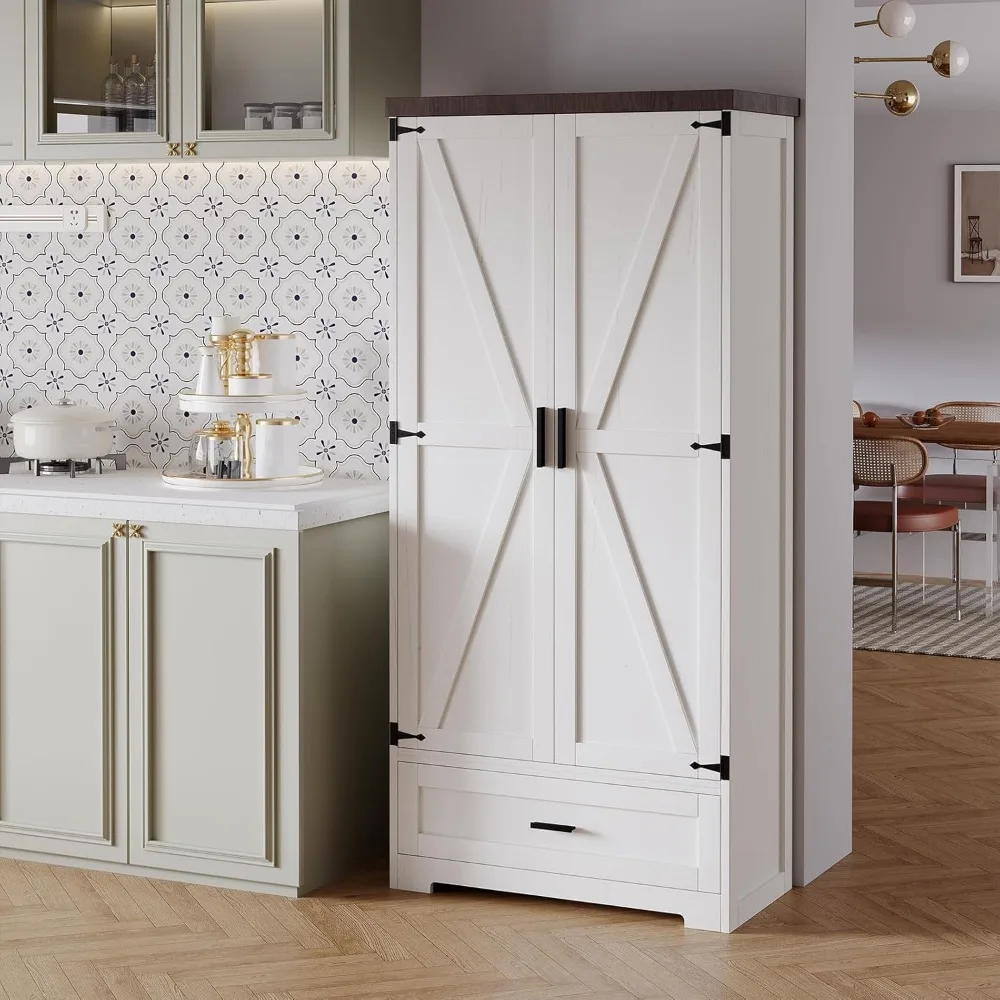 Farmhouse Kitchen Pantry Cabinet 72" Tall Wood Kitchen Storage Cabinets Adjustable Shelves 2 Barn Doors Drawer