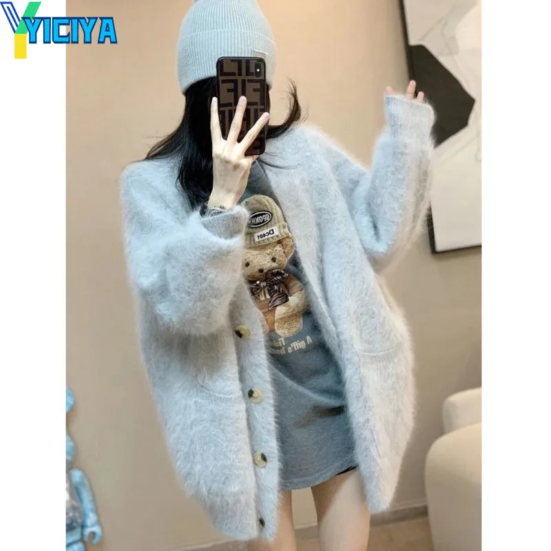 

YICIYA Imitation mink wool Cardigan sweater Soft Mohair v-collar Thickening Korean fashion Women Knitted new outfit Knitwear top