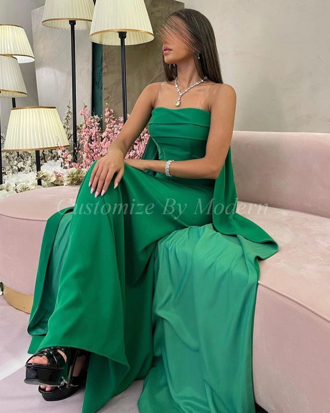 

Sheath Green Satin Long Prom Dresses Strapless Floor Length Saudi Arabia Women Evening Party Dress