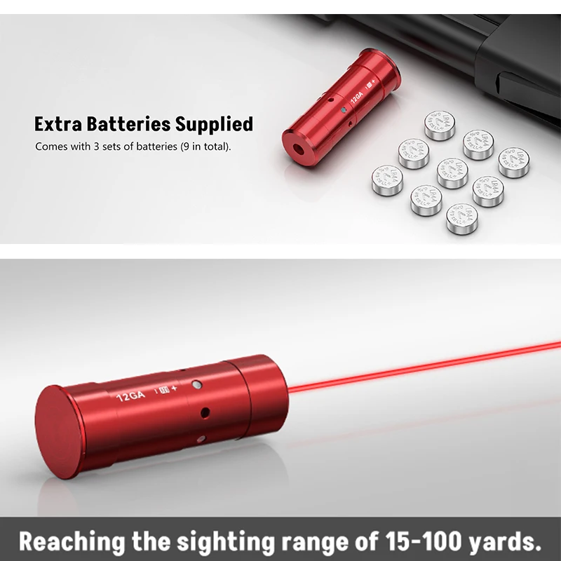 12GA Gauge Bore Sight Red Laser Dot Boresighter with 9 Batteries Cartridge Scopes Hunting Aiming Optical Instru