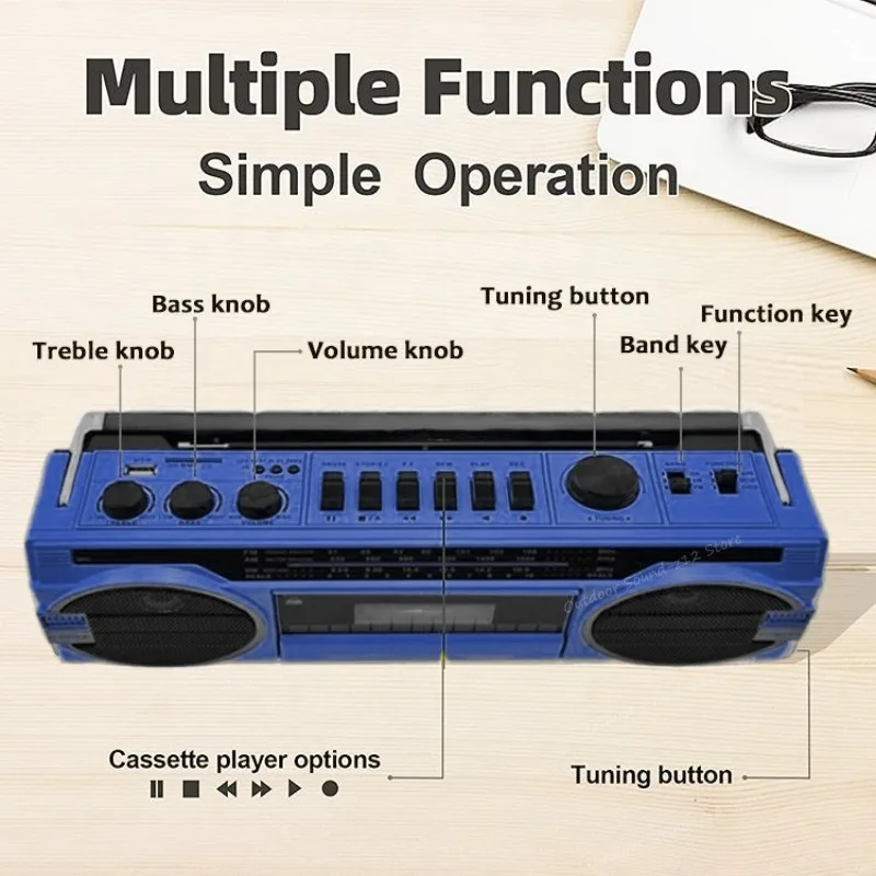 Portable Vintage Usb Am Fm Sw Radio Dual Recording Stereo Boombox Mp3 Audio 80's Cassette Tape Player Recorder Bluetooth Speaker