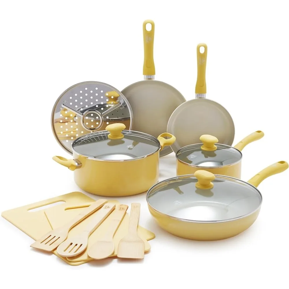 

15 Piece Kitchen Cookware Pots and Frying Sauce Pans Set, Sandstone Healthy Ceramic Nonstick, PFAS- Free, Yellow