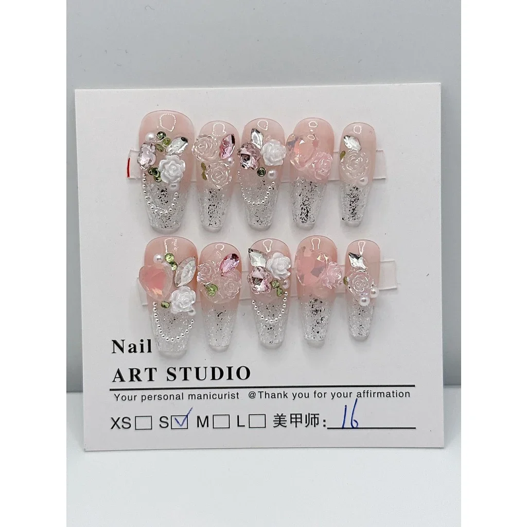 Gorgeous Diamond Rose Handmade Wearable Nail Iced Rose Nail Art Summer Glazed Gradient Nail Art Patches Luxury Fake Nails