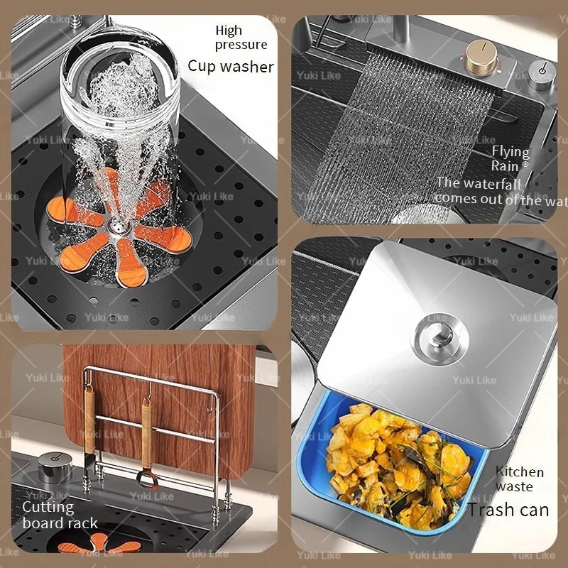 Stainless Steel Waterfall Kitchen Sink Embossed Extra Large Single Bowl With Chopping Board Rack Multifunctional Wash Basin 5
