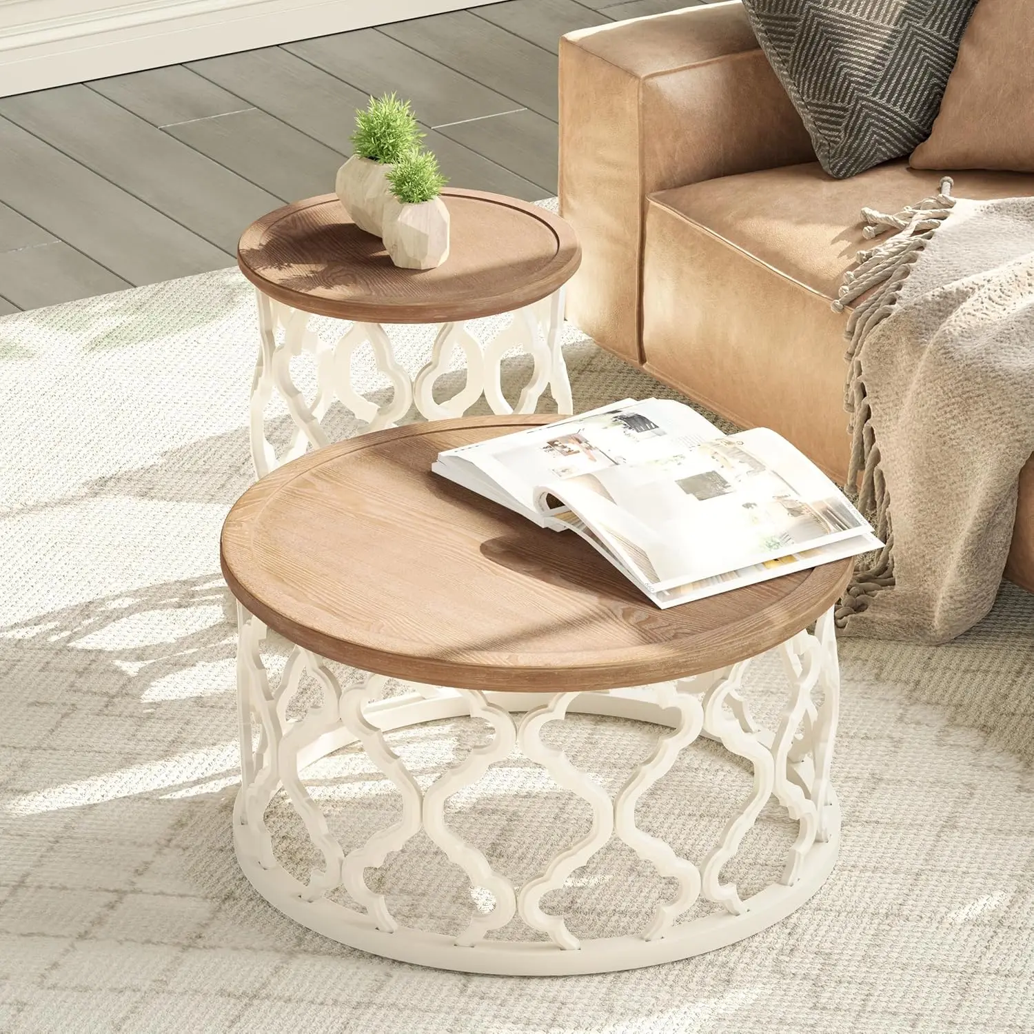 Farmhouse Coffee Table, Distressed Tray Top Table with Curved Motif Frame Base
