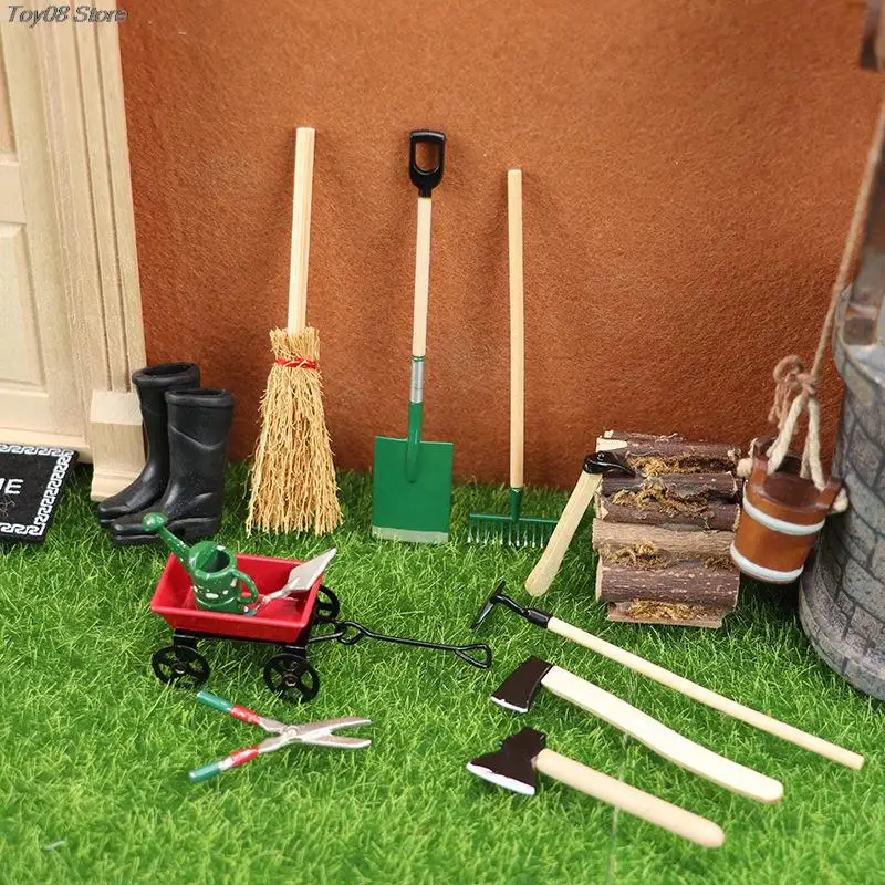 New 1Set 1:12 Dollhouse Miniature Farm Tool Ax Shovel Pull Cart Broom Boots Watering Can Garden Decor Toy Doll House Accessories