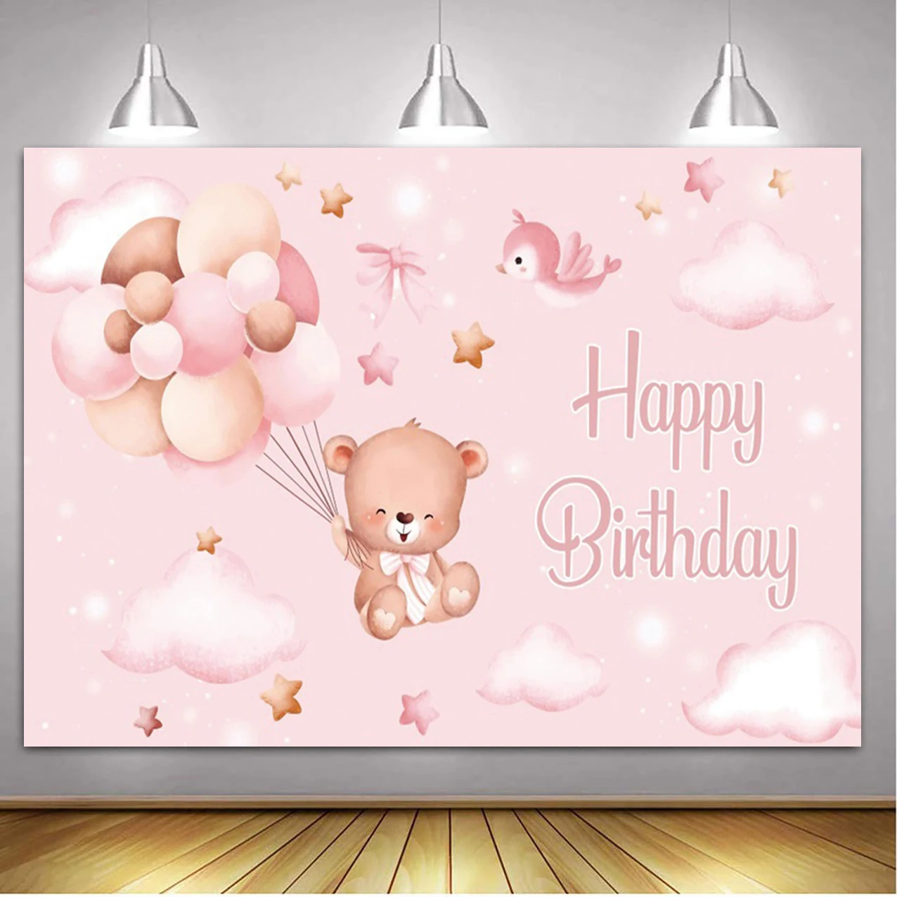 Teddy Bear Baby Shower Backdrop with Floral and Balloon Decor for Photography and Kid's Birthday Parties