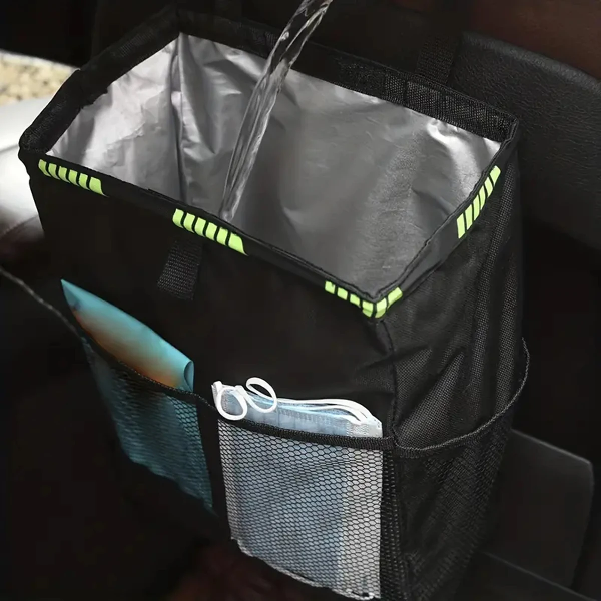 3.2-gallon large-capacity car hanging trash can with four storage bags Black car trash can storage bag Waterproof oxford cloth car storage bag car trash can car trash bag