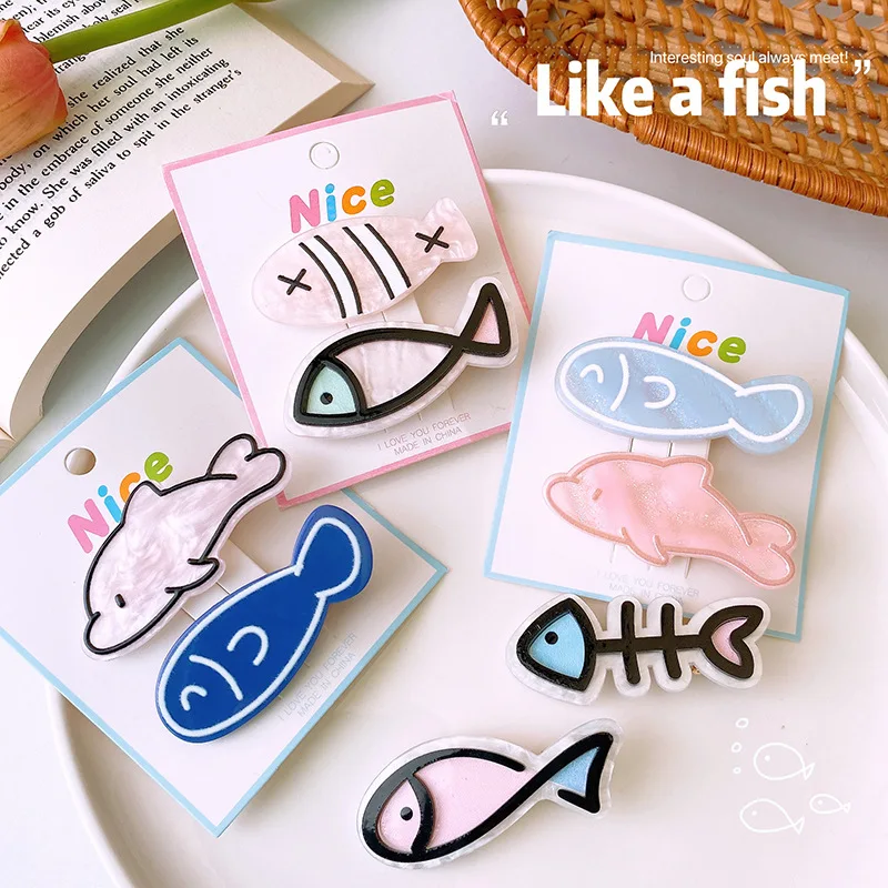 

2PCs Creative Creamy Pink Blue Cute Acrylic Fish Hairpins Duck Beak Dolphin Hair Clip Funny Headwear Accessories Gift for Girls