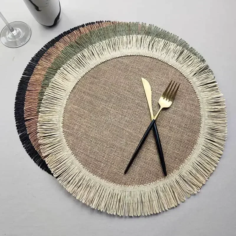 Simple Fringe Round Shape Table Mat Heat Insulation Non-slip Coaster Mat Placemat for Dining Table 1Pcs Jute Linen Placemat
