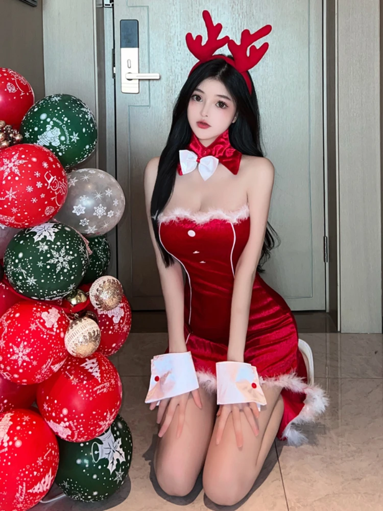 

Halloween Rabbit Girl Uniform Sexy Party Bra Red Christmas Bag Hip Dress Women's Nightclub Mini Dress Backless 2022 New Dresses
